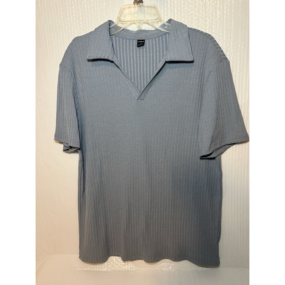 SHEIN men’s Large Blue Solid Polo Collared Ribbed Knit Short Sleeve Top